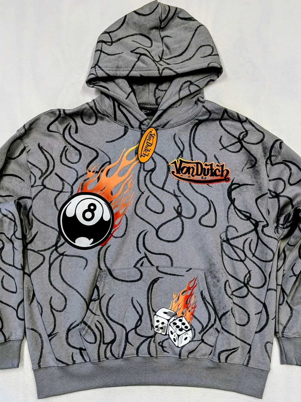 Von Dutch Gray Hoodie with Orange Flame Graphics